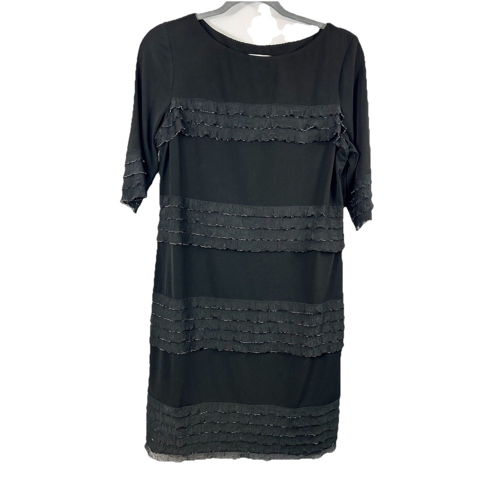Donna Morgan Black Tiered Ruffle Dress Size 8 Metallic Trim 3/4 Sleeve Cocktail